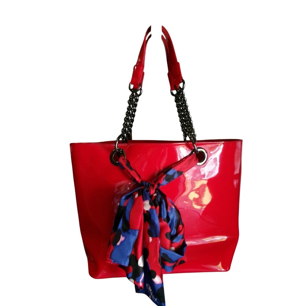 DKNY Red Patent Leather Tote Bag Chain Handles Scarf Large Shoulder Purse